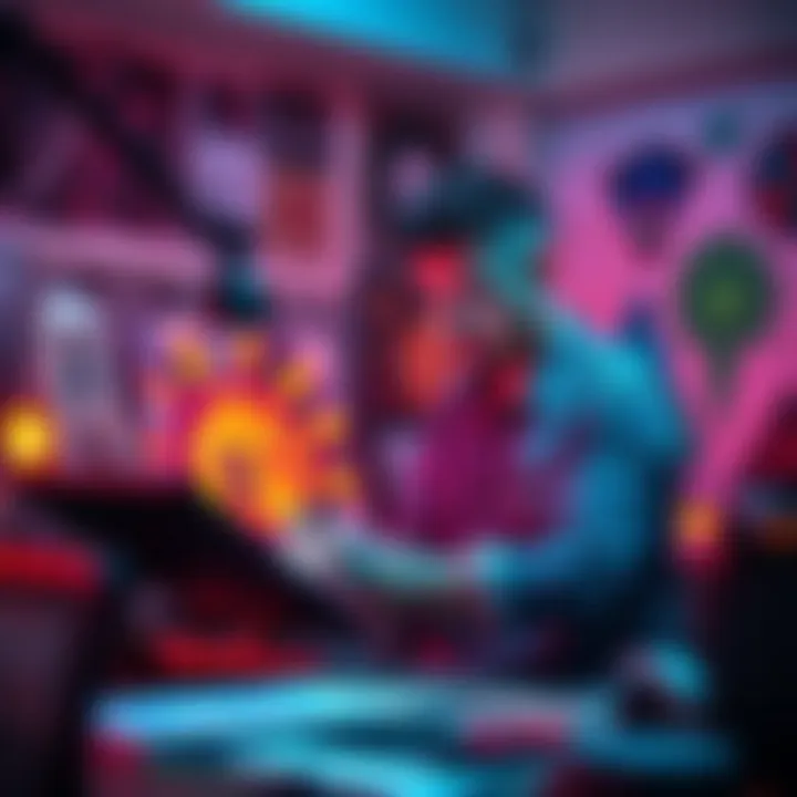 The Digital Artist at Work An artist creating NFT art with a digital tablet, surrounded by vibrant colors