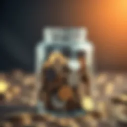 Conceptual illustration of a coin jar filled with diverse coins representing savings
